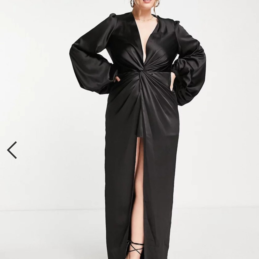 Yaura Plus twist front balloon sleeve maxi dress in black